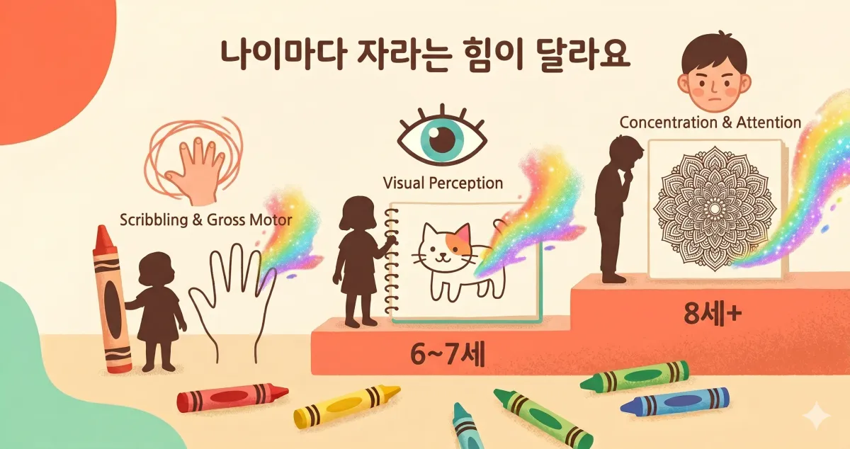 나이대별로 색칠이 길러주는 발달 효과를 보여주는 성장 단계 그림