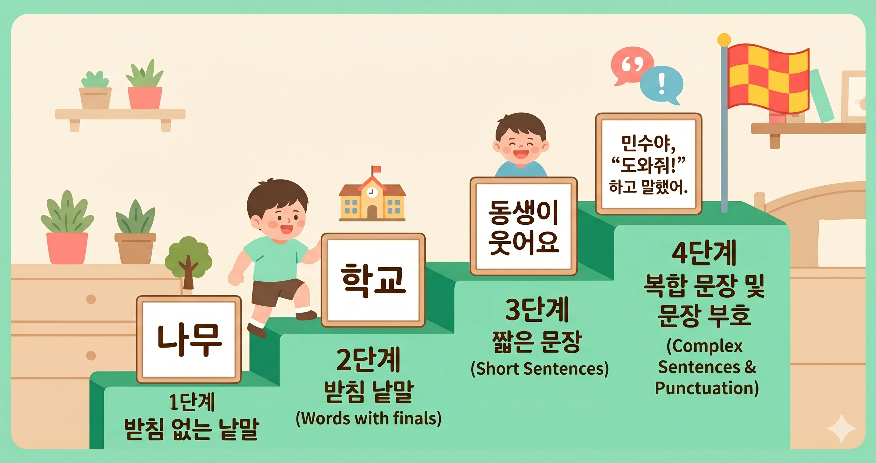 받아쓰기 4단계 학습 계단 — 받침 없는 낱말부터 문장부호 포함 문장까지