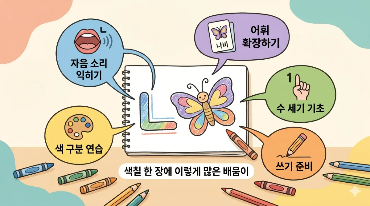 색칠 한 장으로 익히는 자음 소리·어휘·수세기·쓰기 준비 학습 요소