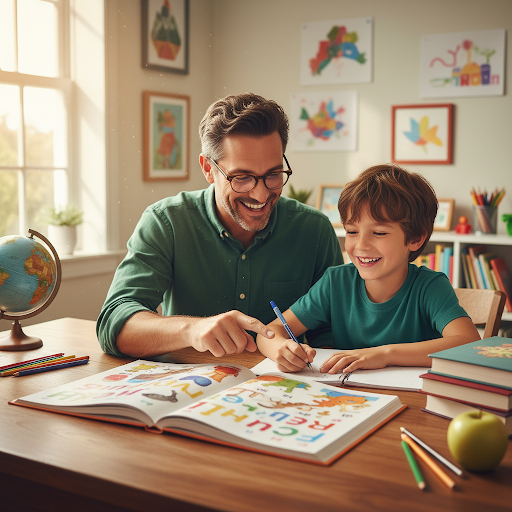 아빠와 아들이 함께 공부하는 모습