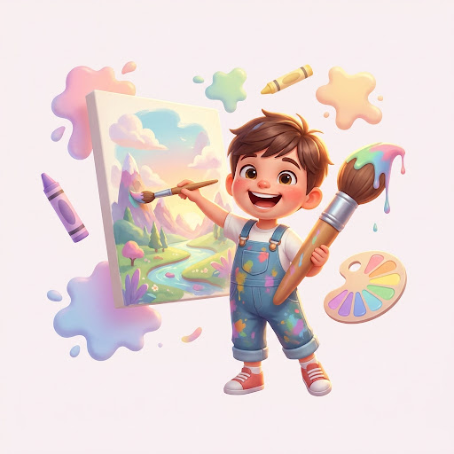 붓으로 그림을 그리는 아이 3D 일러스트