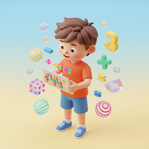 태블릿으로 수학을 학습하는 아이 3D 일러스트